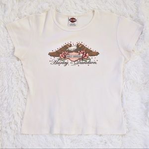 Harley Davidson Rhinestone Eagle Rose Print Tee
